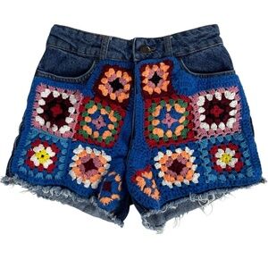 FARM Rio Blue Denim Crochet Patchwork Shorts